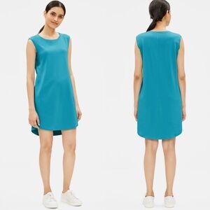 Eileen Fisher Cotton Stretch Jersey Scoop Neck Dress in Jasper Blue Size‎ Medium